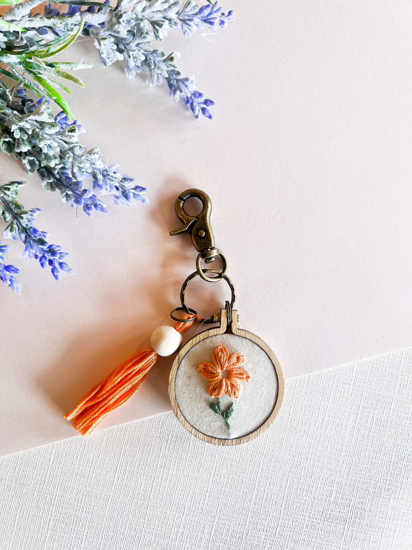 Hand Embroidered Floral Keychains | Handmade Flower Keychain | Boho Natural Wood Thread Tassel