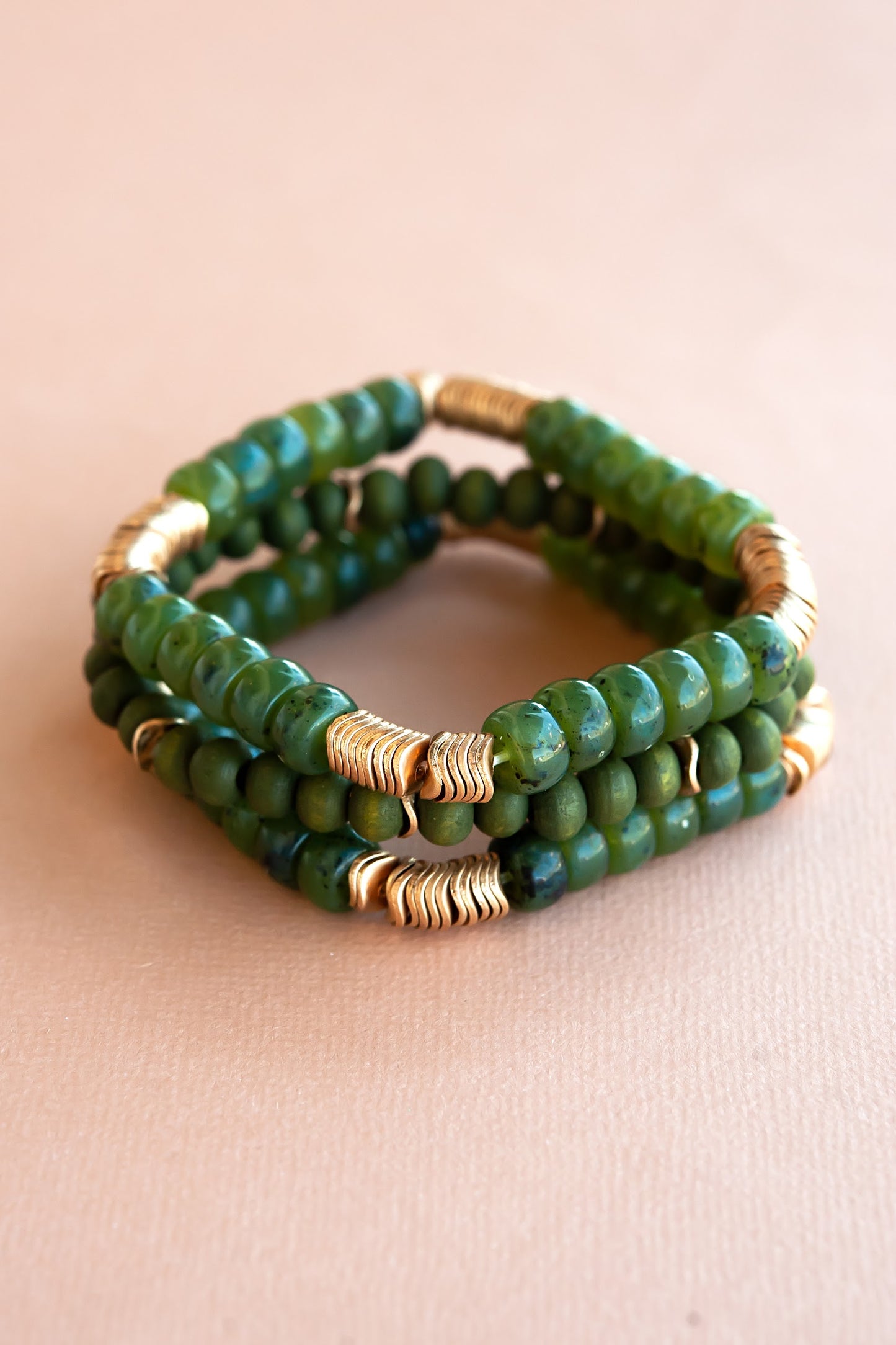 Sylvia Green and Gold Bracelet Stack | Jade and Hammered Disk Beaded Bracelet Set