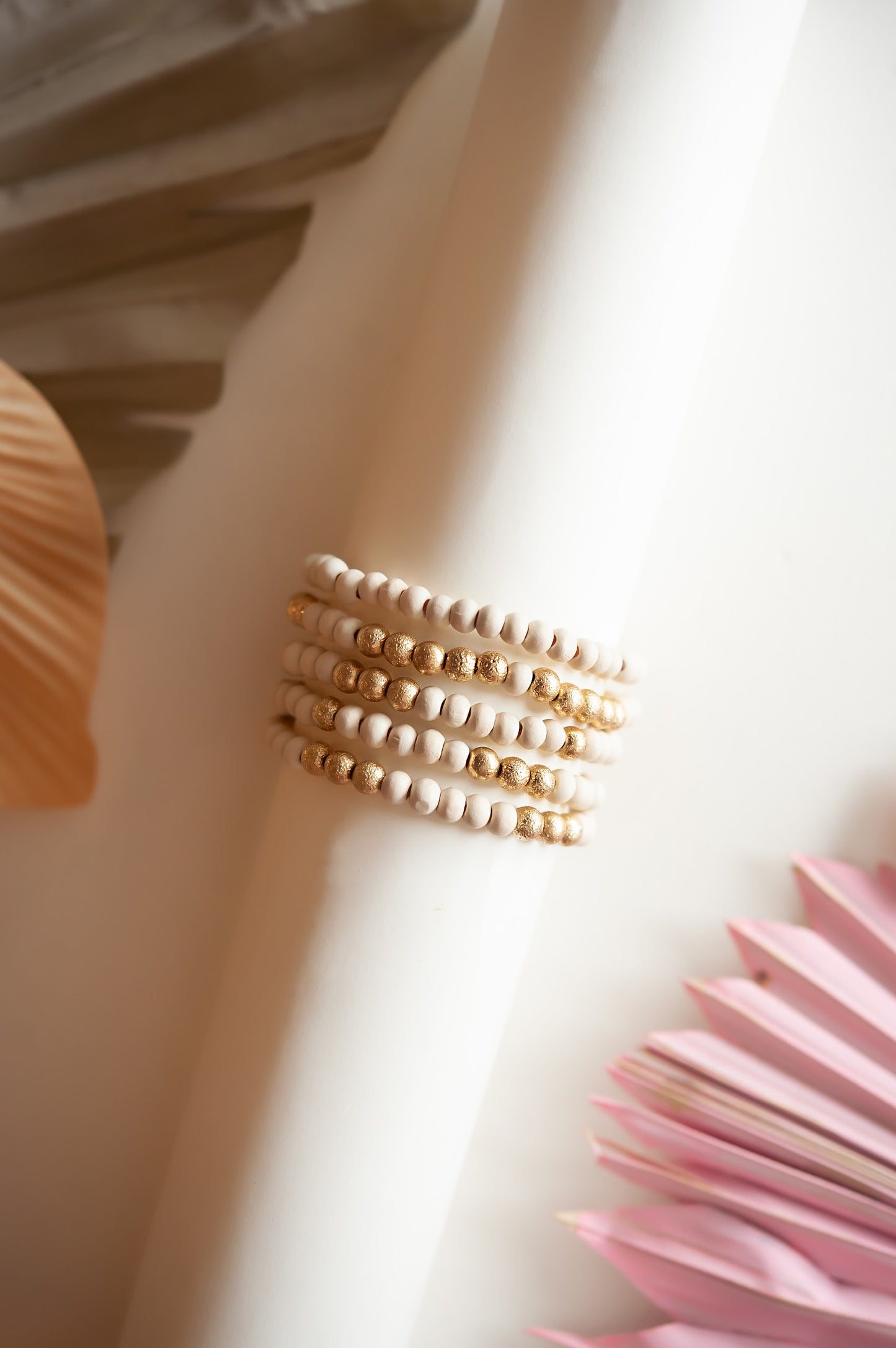 Eleni Natural Wood Beaded Bracelet Stack | Wood and Gold Pisa Beads | Layering Boho Bracelet Set