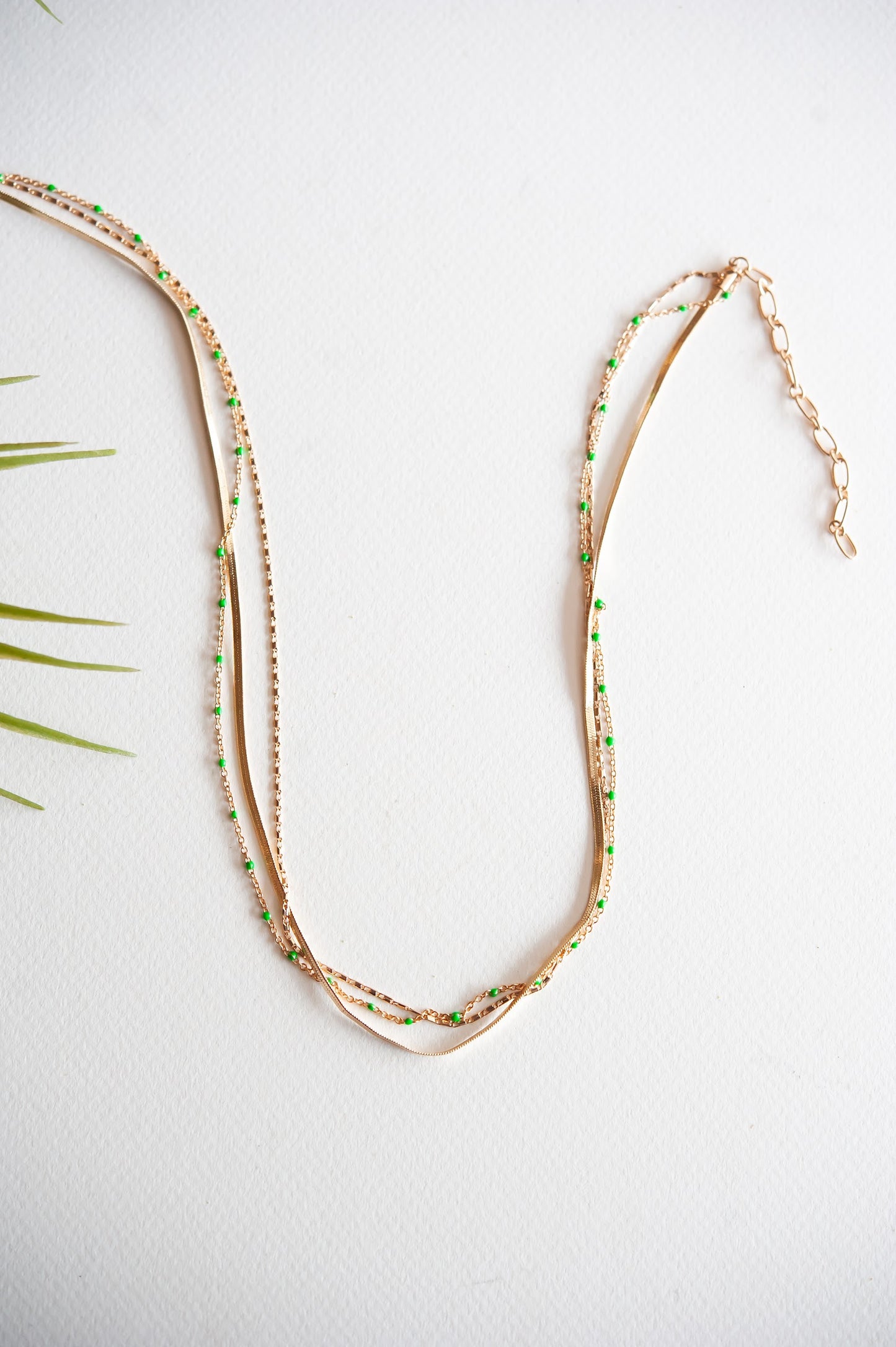 Emmie Green and Gold Layered Necklace | Triple Layer Chain and Bead Necklace