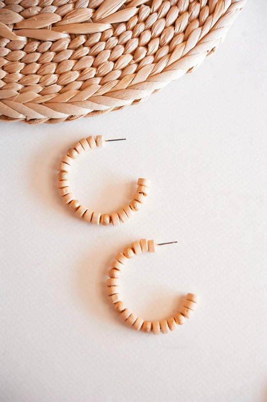 Ginger Natural Wood and Gold Bead Hoop Earrings