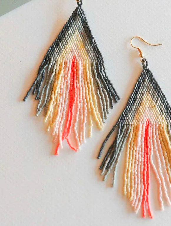 Janice Gray and Coral Fringe Dangle Beaded Earrings