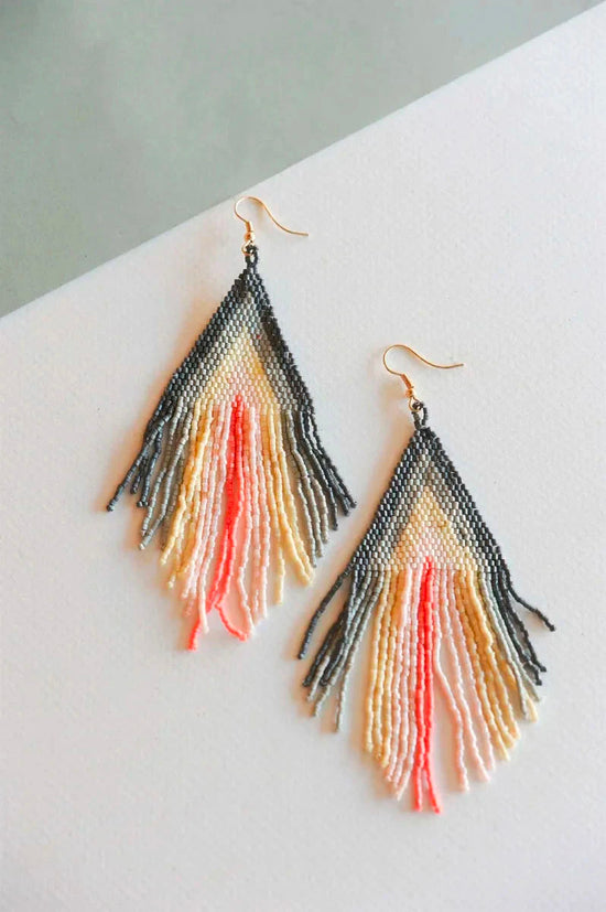 Janice Gray and Coral Fringe Dangle Beaded Earrings