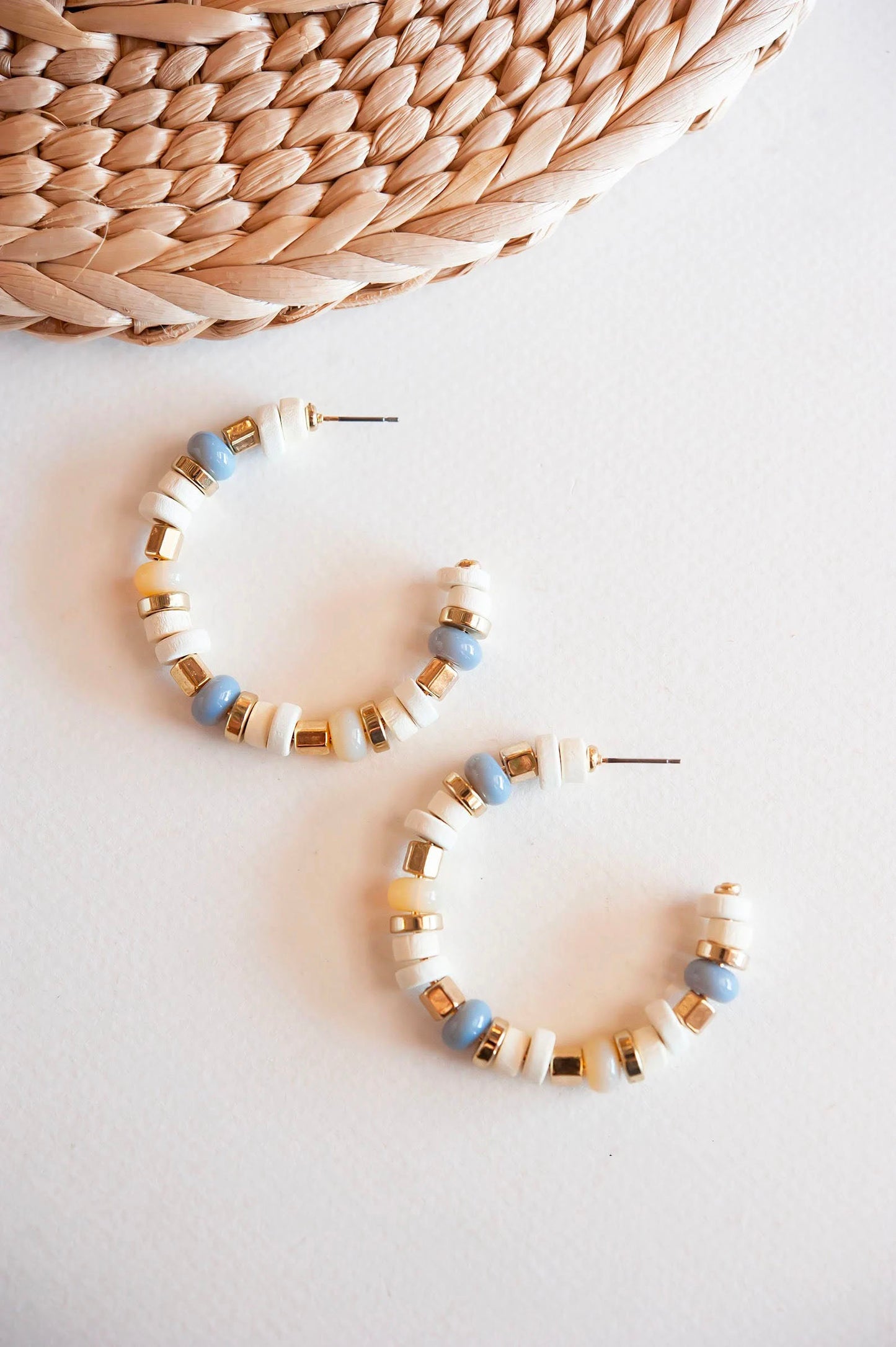 Karrie Natural Wood and Periwinkle Beaded Gold Hoop Earrings