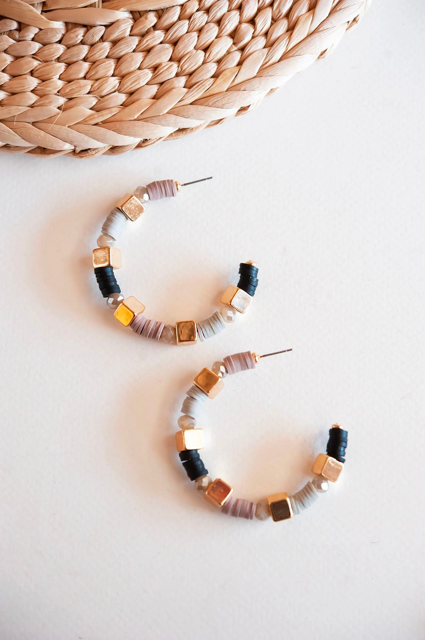 Kennedy Taupe and Black Shell Bead Hoop Earrings