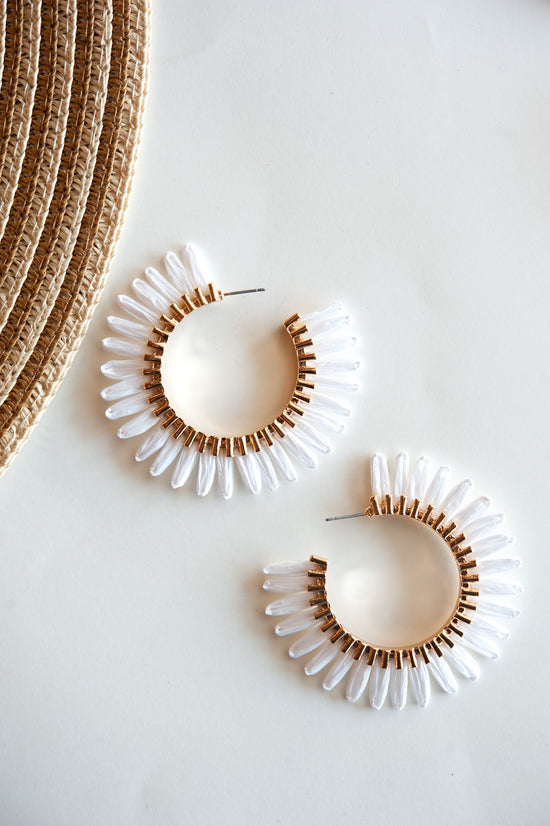 Avery White Raffia Hoop Earrings | Gold and White Fan Hoops | Boho Chic Earrings