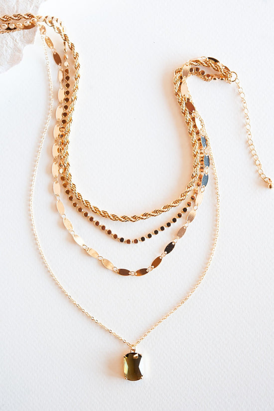 Emily Layered Chain Necklace | Gold Layering Necklace with Crystal Accent | Clear and Topaz Crystal Drops