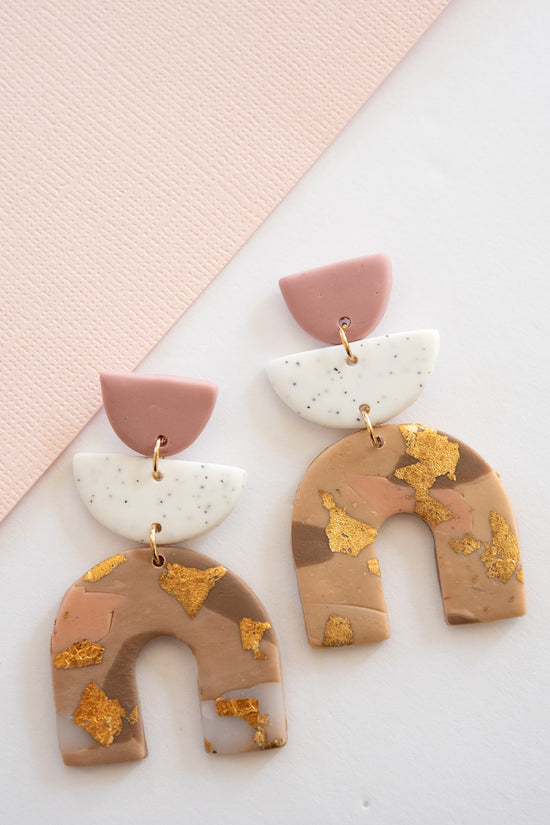 Cameron Clay Art Deco Earrings | Whimsical Clay Drop Earrings | Neutral Color Palette with Gold Leaf Detail