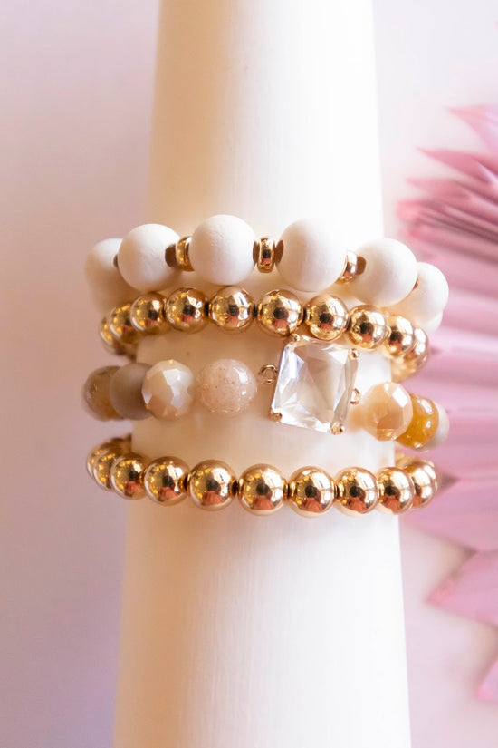 Camille Bracelet Set | Natural Wood Crystal and Gold Beaded Bracelets | Neutral Layering Bracelets