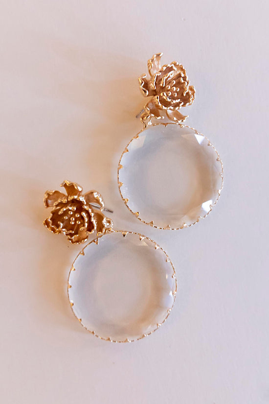 Aubrey Floral Drop Earrings | Clear Round Crystal with Gold Metal Floral Detail | Special Occasion Accessories