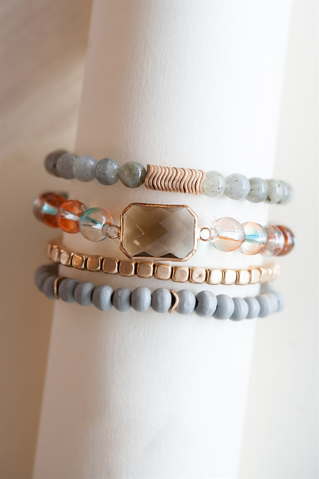 Avery Bracelets Set | Gray and Red Glass Beads with Topaz Crystal Gemstone | Gold Pisa Bead Bracelet