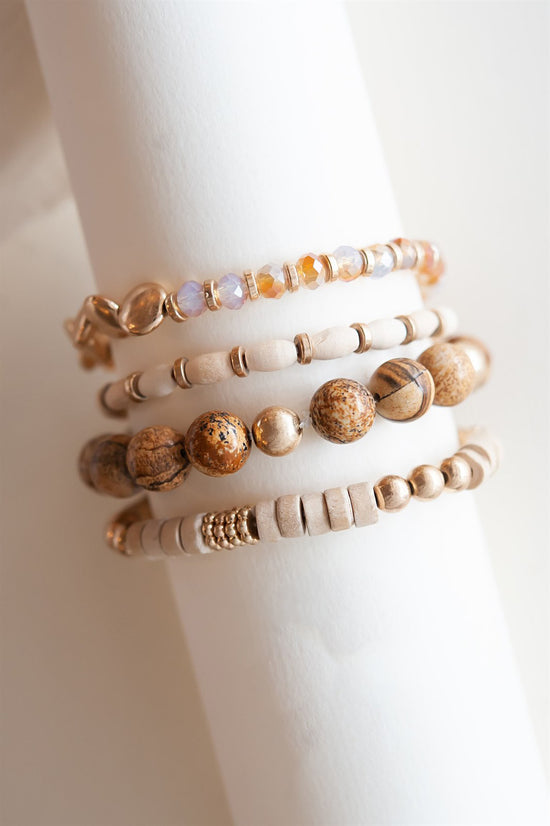 Gail Sandstone Bracelet Set | Beaded Wood Stone and Crystal Layering Bracelet