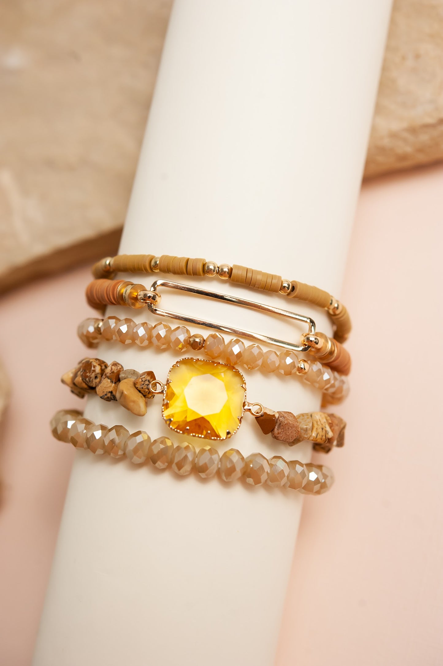 Melinda Sandstone Bracelet Set | Sandstone and Champagne Crystal Beads with Yellow Topaz Crystal Accent | Beaded Layering Bracelets