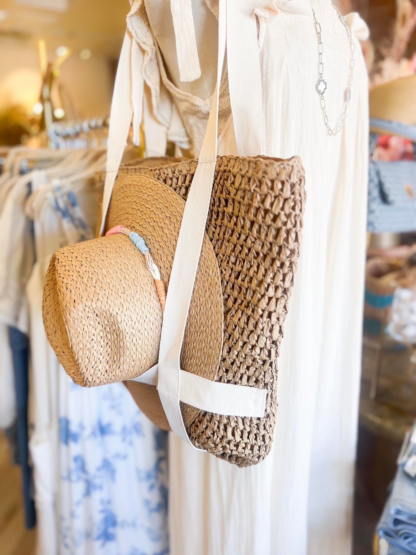 Hat Carrying Tote | Straw Hat Bag | Rattan and Canvas Vacation Purse