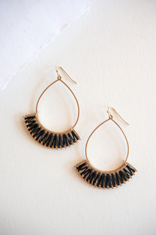 Addison Gold and Black Teardrop Earrings | Brushed Gold Whipstitch Drop Dangle