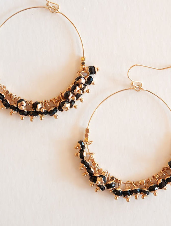 Aria Gold Boho Earrings | Delicate Black Beaded Hoops