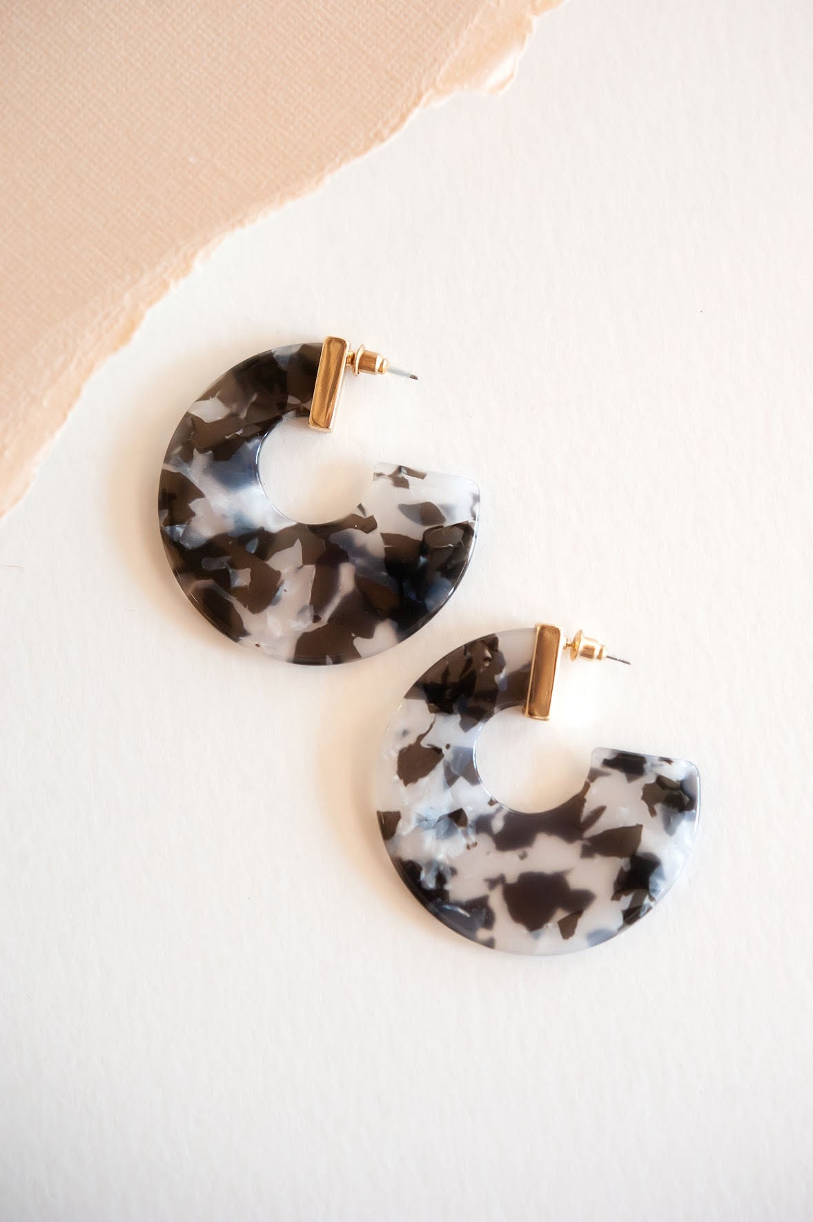 Autumn Marble Lucite Hoops Black and White with Gold Accent