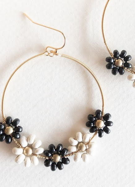 Avril Beaded Flower Hoop | Black and White beads on Gold Coiled Hoop