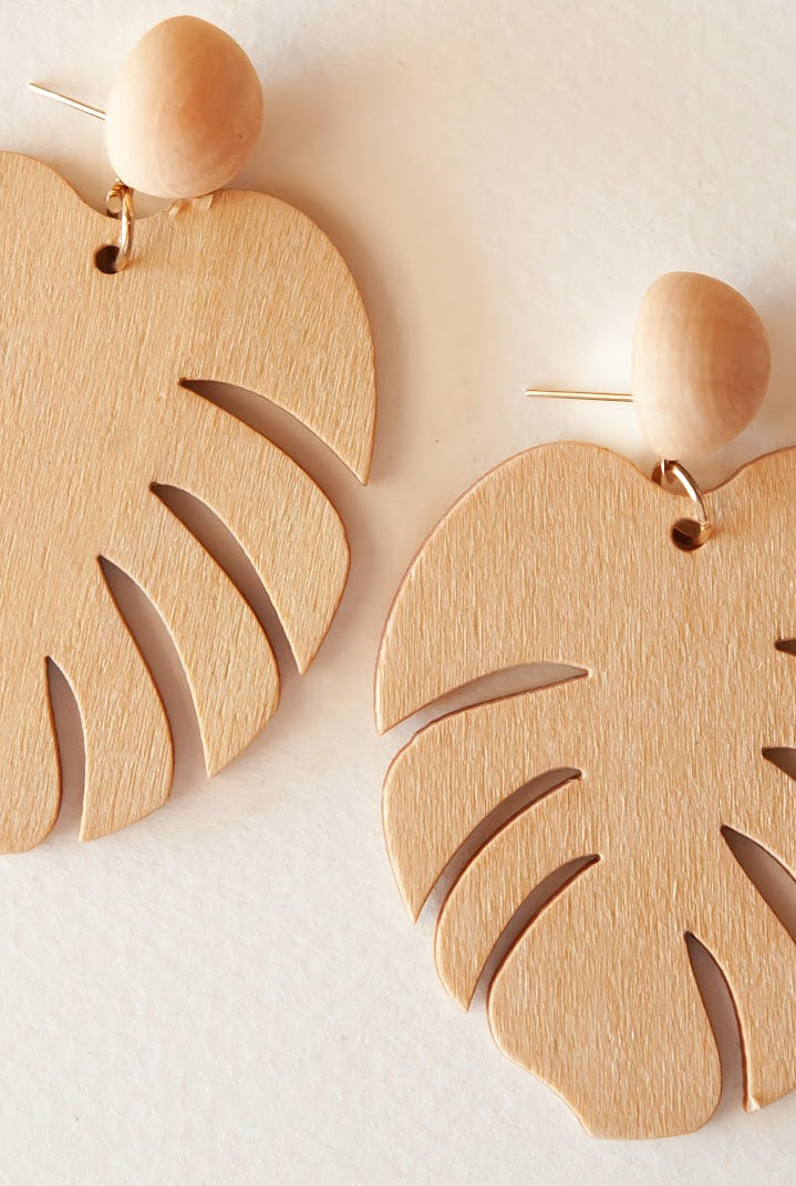 Belle Light Wood Leaf Earring | Monstera Leaf Dangle Earring