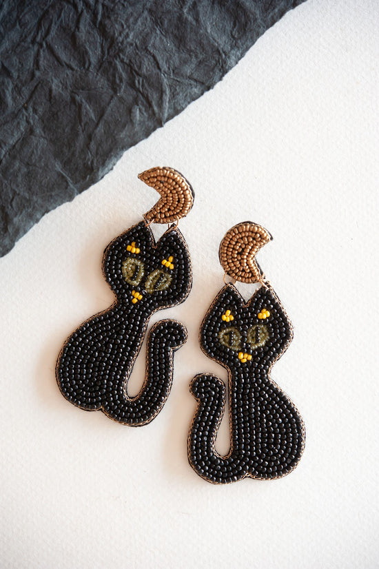 Black Cat Dangle | Halloween Beaded Cat Earring