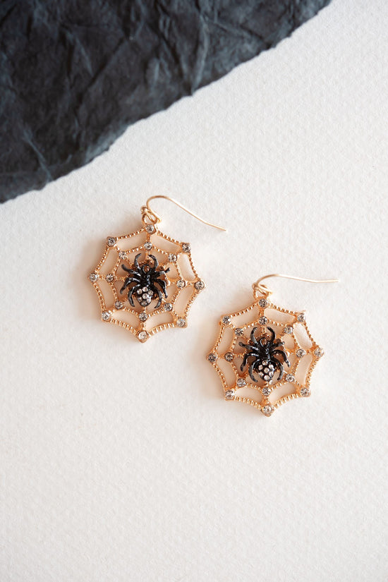 Black Widow Cobweb Earring | Gemmed Spider Halloween Dangle