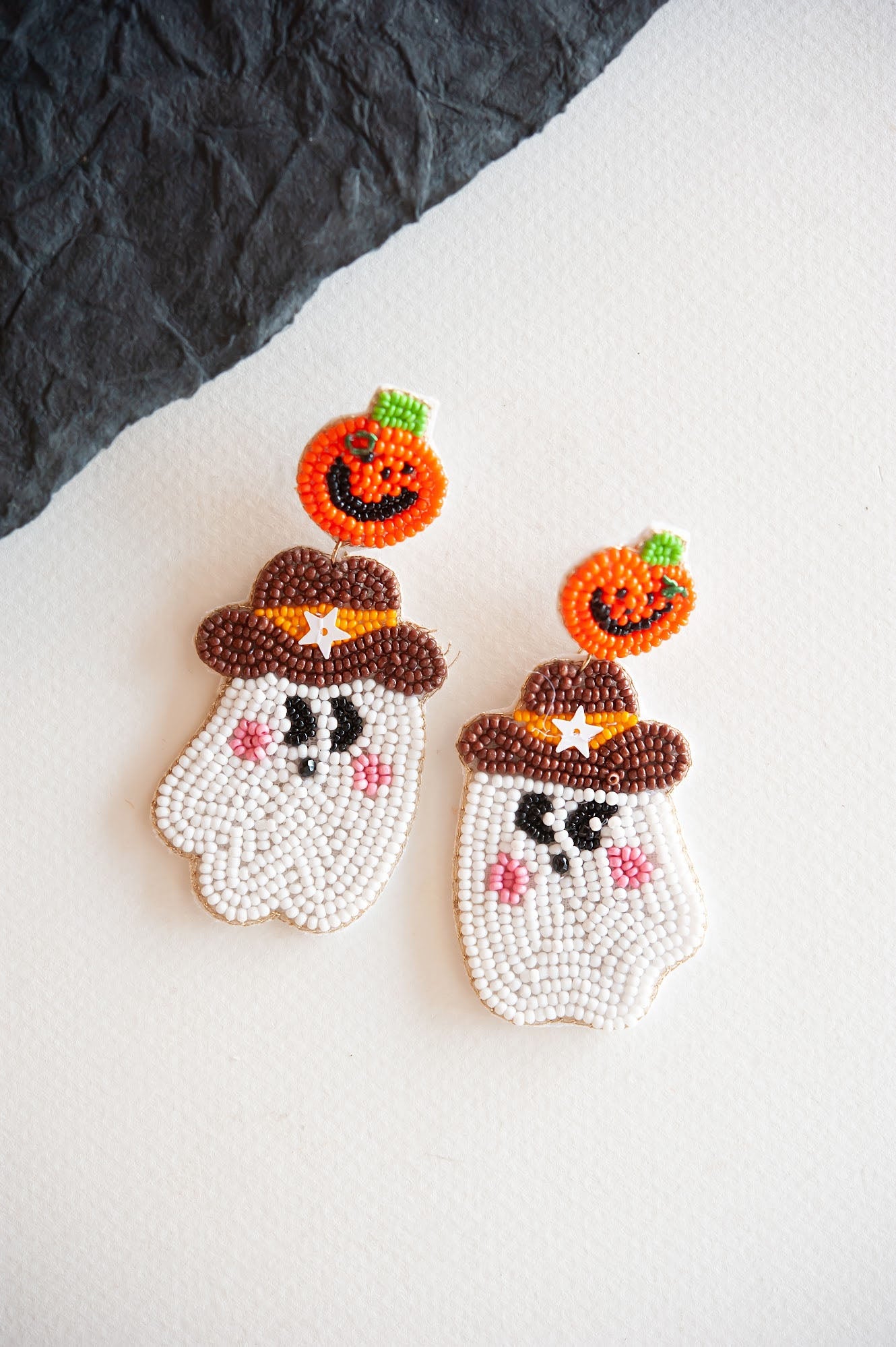 Cowboy Ghost Dangle | Beaded Halloween Ghost and Pumpkin Earring