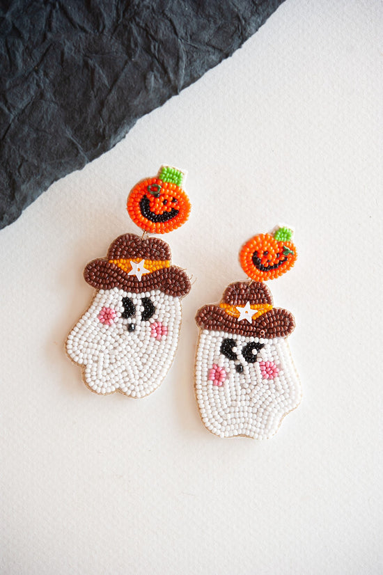 Cowboy Ghost Dangle | Beaded Halloween Ghost and Pumpkin Earring