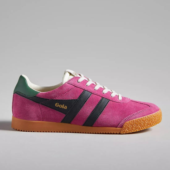 Pink Elan Gola sneaker with pink suede upper, black stripes, green heel tab, and gum sole.