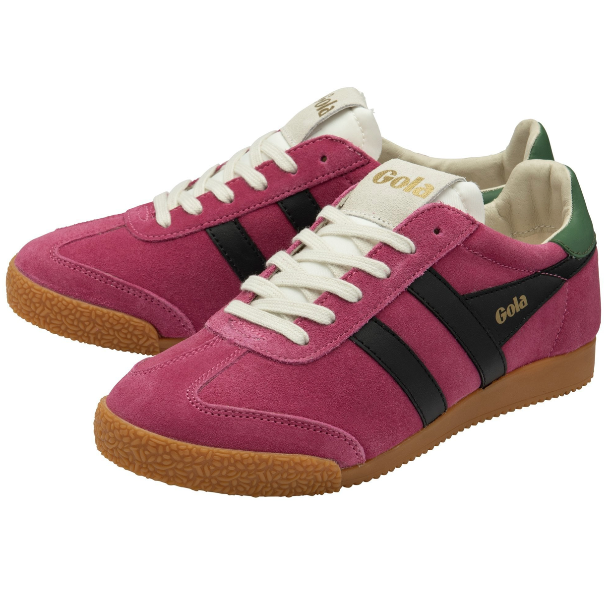 Pink Elan Gola sneaker with pink suede upper, black stripes, green heel tab, and gum sole.