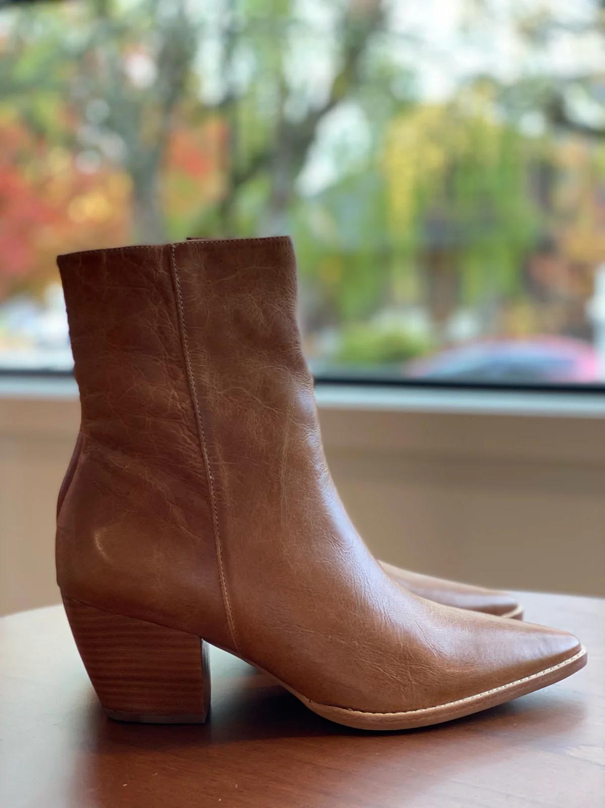 Matisse Caty Ankle Boot in vintage tan leather with pointed toe and block heel, featuring a smooth, distressed leather finish and a sleek, Western-inspired design