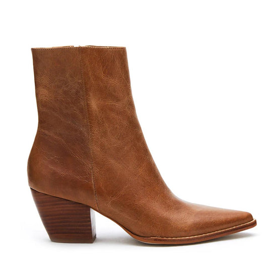 Matisse Caty Ankle Boot in vintage tan leather with pointed toe and block heel, featuring a smooth, distressed leather finish and a sleek, Western-inspired design