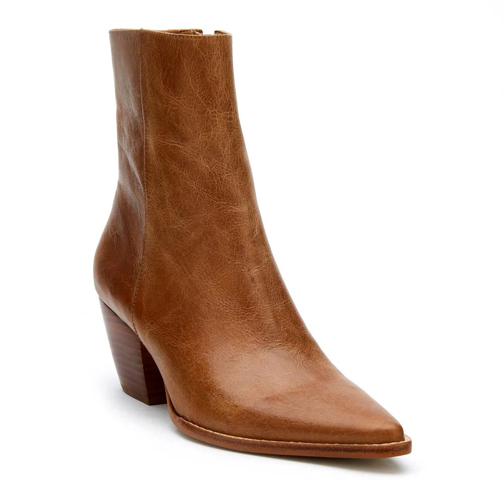 Matisse Caty Ankle Boot in vintage tan leather with pointed toe and block heel, featuring a smooth, distressed leather finish and a sleek, Western-inspired design