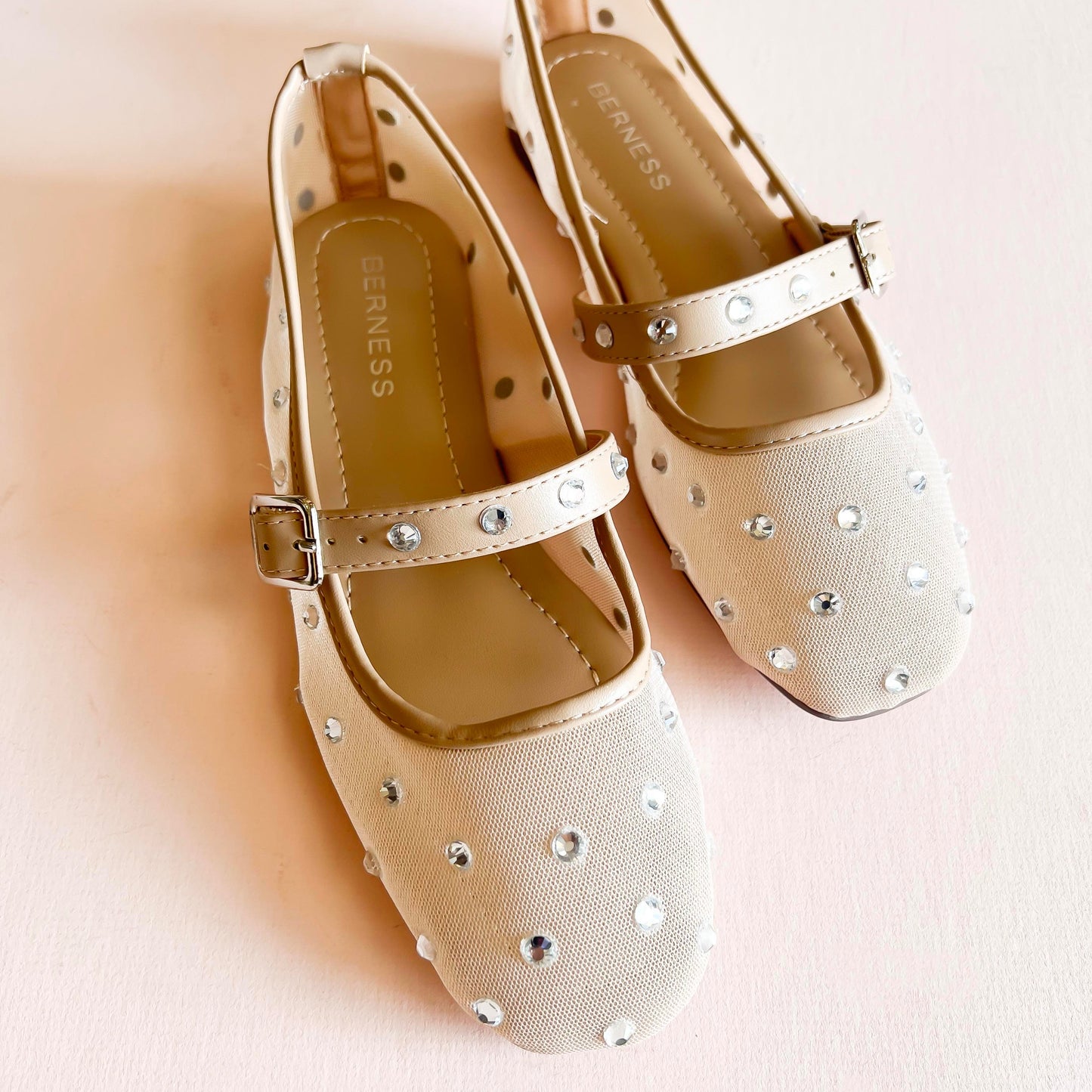 Beige mesh ballet flats with rhinestone embellishments and a Mary Jane strap by BERNESS