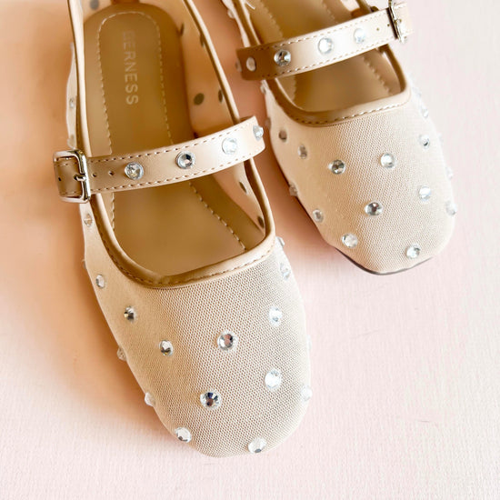 Beige mesh ballet flats with rhinestone embellishments and a Mary Jane strap by BERNESS