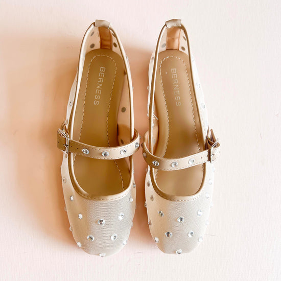 Beige mesh ballet flats with rhinestone embellishments and a Mary Jane strap by BERNESS