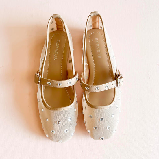 Beige mesh ballet flats with rhinestone embellishments and a Mary Jane strap by BERNESS
