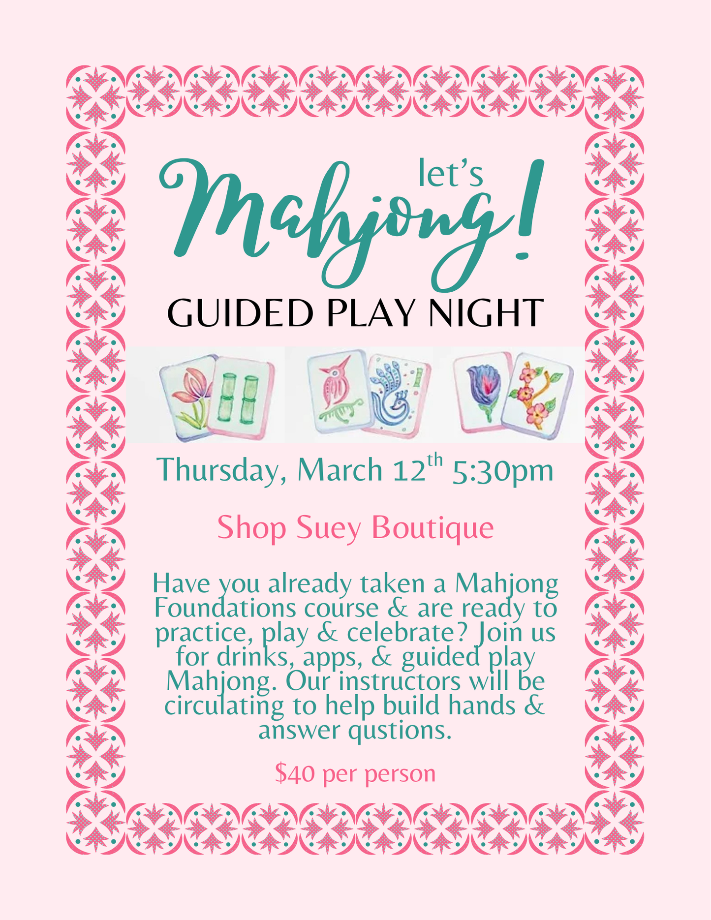 Let's Mahjong | GUIDED PLAY NIGHT | Thursday, March 12th | 5:30pm