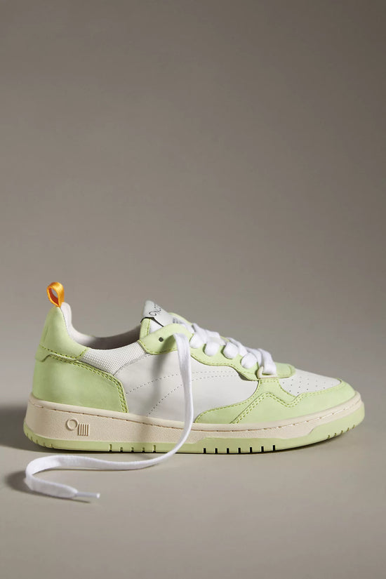 A side view of an Oncept Sneakers Phoenix NYC in Green Matcha colorway. The sneakers showcase a sleek design with white and light green leather panels, white laces, and a beige sole.