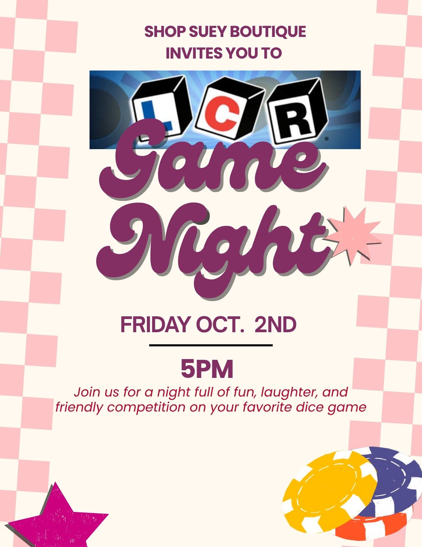 LCR Game Night at Shop  Suey Boutique