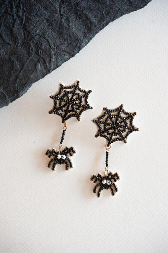 Black Spiderweb Dangle | Beaded Halloween Spider Earring