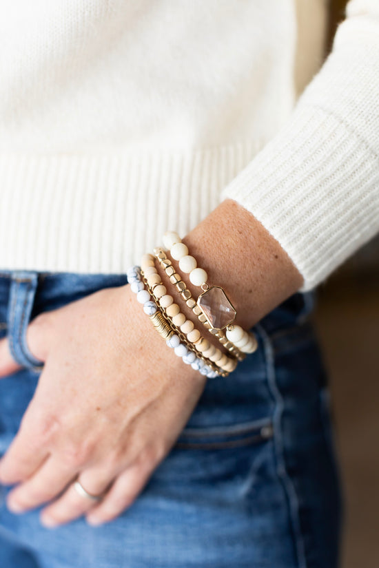 Avery Layering Bracelet | Natural Wood Marble Pisa Beads| Crystal Accent