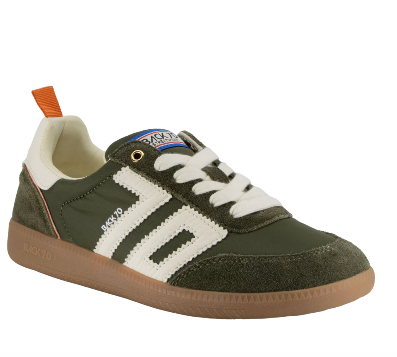 Vintage-inspired olive green streetwear sneakers with gum rubber sole