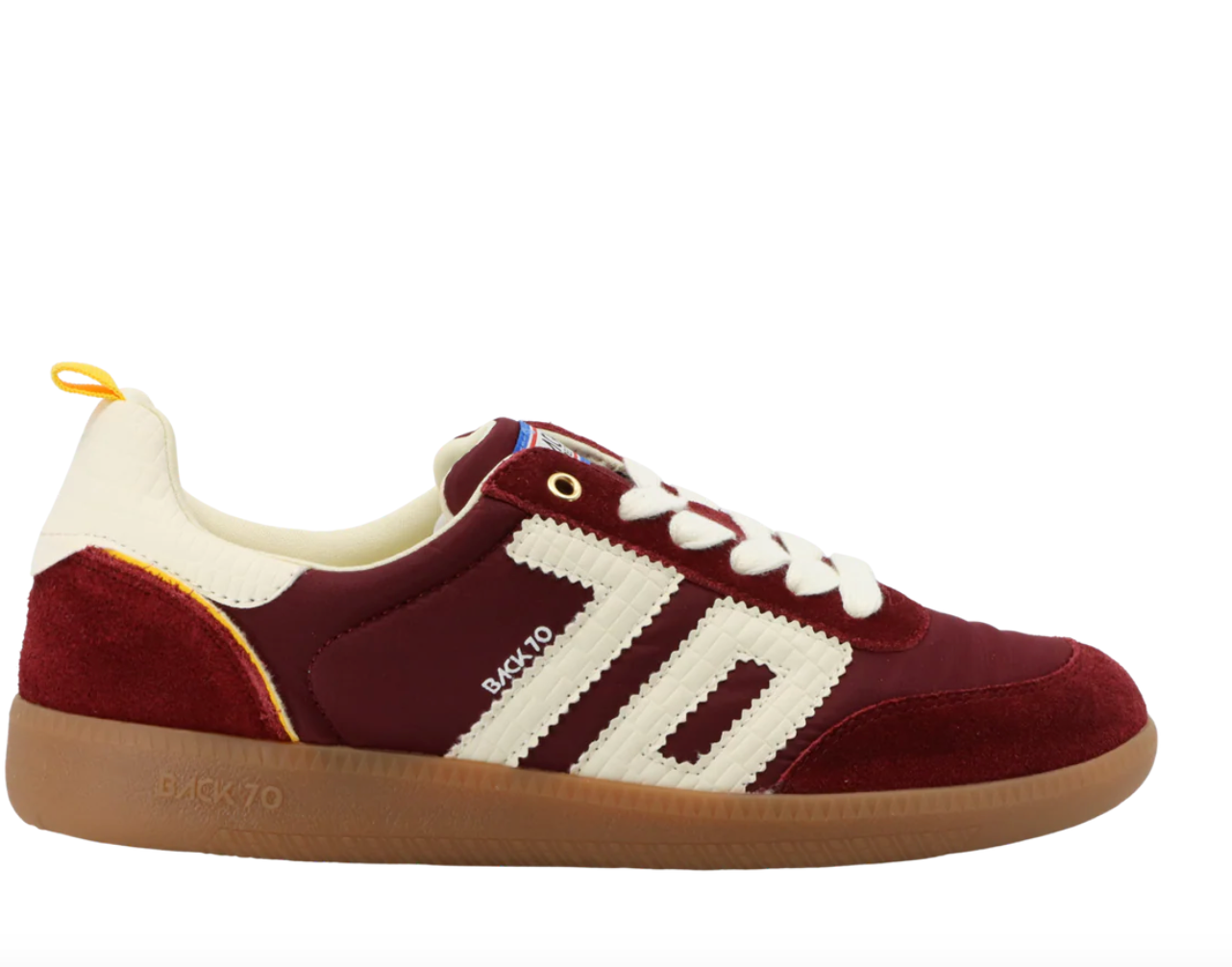 Vintage-inspired wine red streetwear sneakers with gum rubber sole