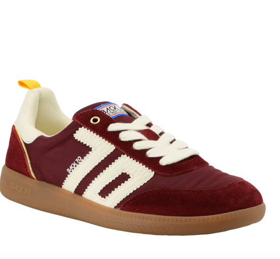 Back 70 Ghost Sneakers in wine red suede with cream stripes and gum sole