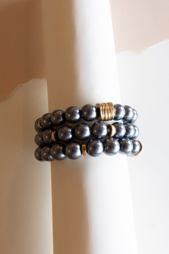 Beth Pearl Bracelet Set | Gun Metal Black and White Pearl Layering Bracelets