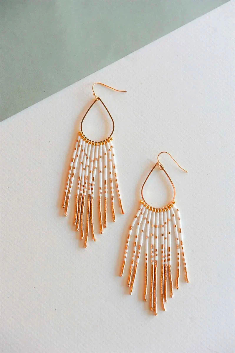 Blanche White and Gold Fringe Beaded Drop Dangle Earrings