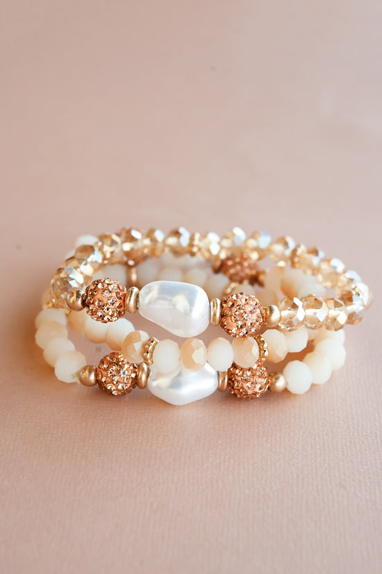 Tanya Peach and Champagne Bracelet Stack | 3 Piece Crystal and Pearl Bracelet Set