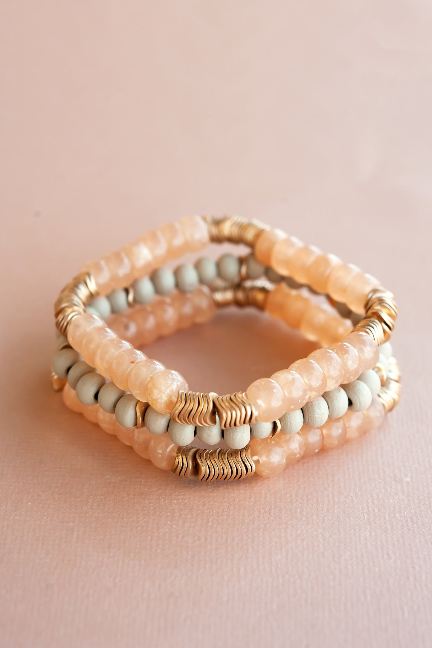 Anna Wood and Peach Beaded Bracelet Set | Boho Chic Bracelet Stack with Gold Details
