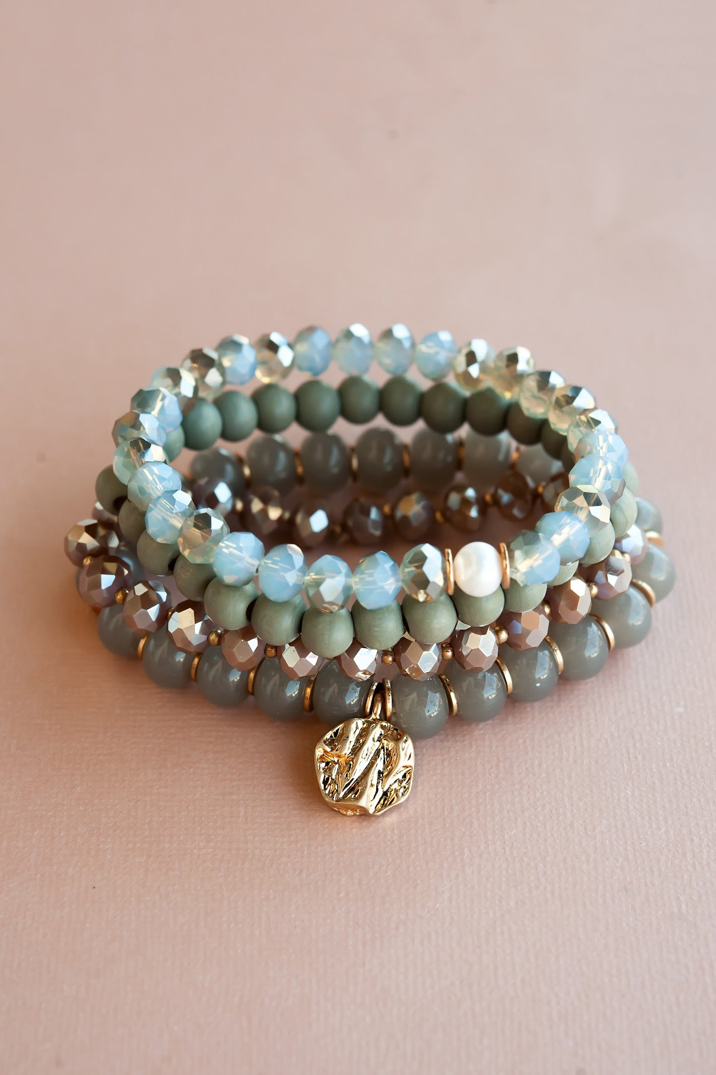 Load image into Gallery viewer, Emma Shades of Gray Bracelet Set | Crystal and Wood Bracelet Stack with Gold Details
