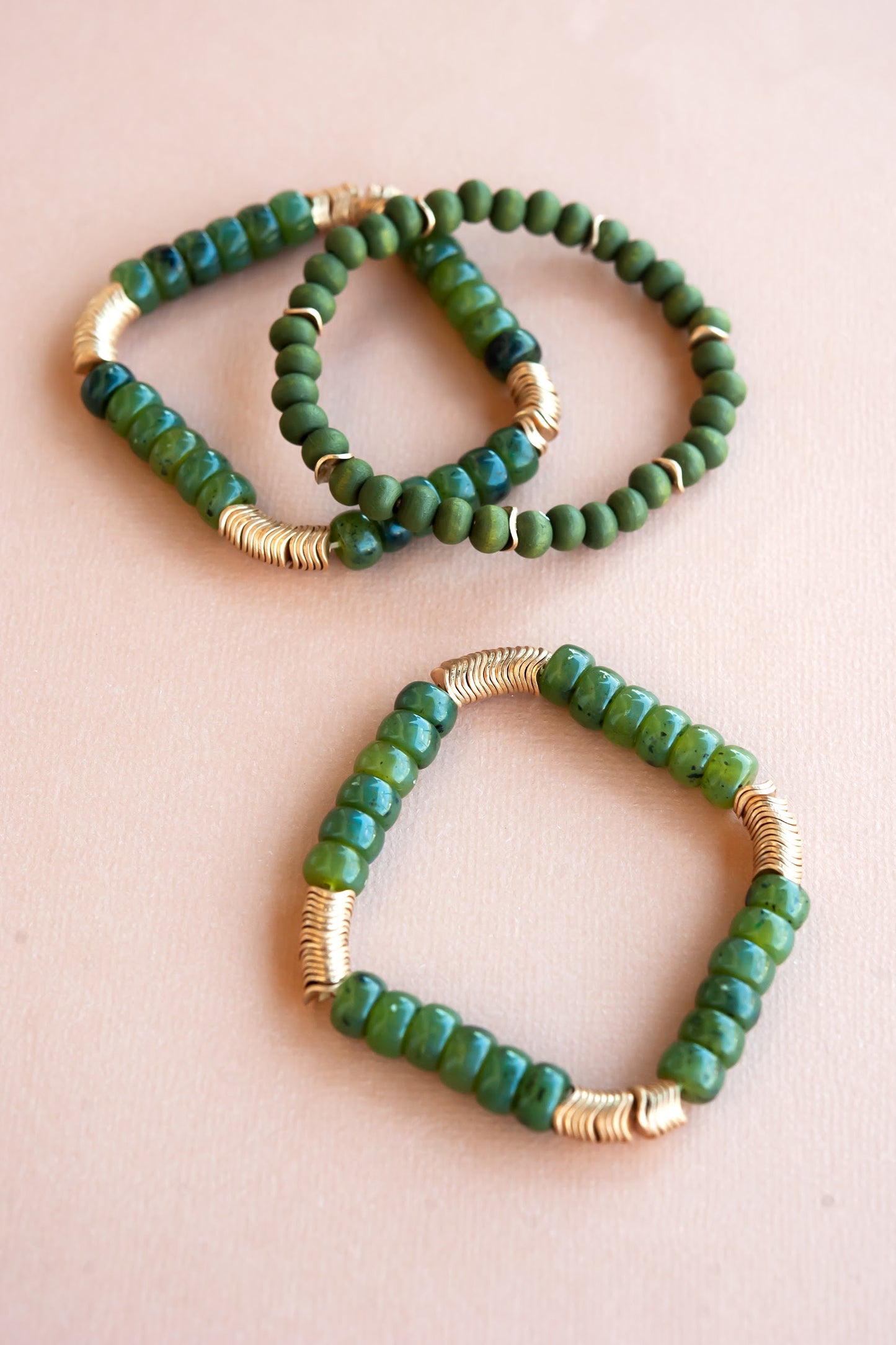 Load image into Gallery viewer, Sylvia Green and Gold Bracelet Stack | Jade and Hammered Disk Beaded Bracelet Set
